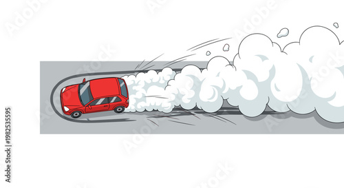 Top-down perspective of a small red car performing a sharp U-turn on gray asphalt while generating a thick cloud of white smoke on a white background.