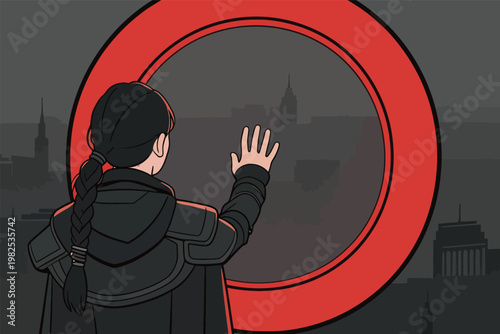 Woman in Black Coat Gesturing at Red Circle