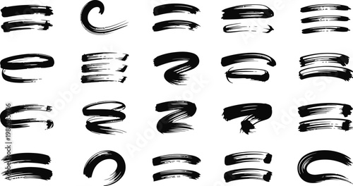 Black Paint Brush Boxes Set, Grunge Ink Stroke Frames Isolated on White