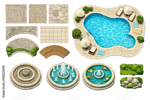 Obraz na płótnie Vector Top View Landscape Elements Set Featuring Paving, Swimming Pool, and Circ