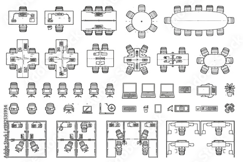 Fotografia Top View Office Furniture Symbols Set: Desks, Chairs, Computers, and Cubicles in