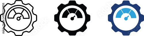 Industrial gear and speedometer icon set, mechanical cog with performance gauge vector, technical engineering optimization symbols in three styles
