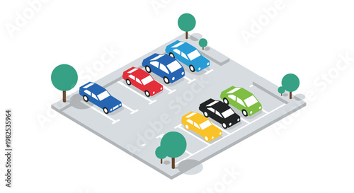Small parking lot area features six colorful cars neatly parked in designated spots surrounded by vibrant green trees on a clean grey concrete surface.