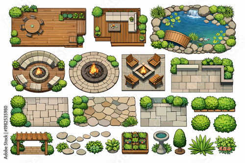 Vector Top View Landscape Garden Design Set Featuring Decking, Paving, and Fire Pit for Site Plans
