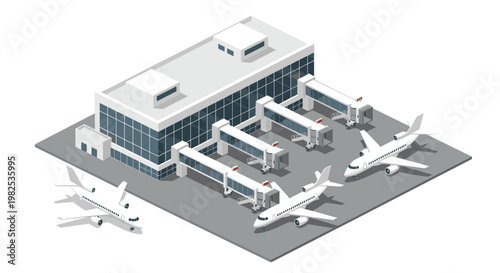Modern airport terminal building features multiple glass jet bridges and two white airplanes parked on a clean grey tarmac in detailed isometric perspective.