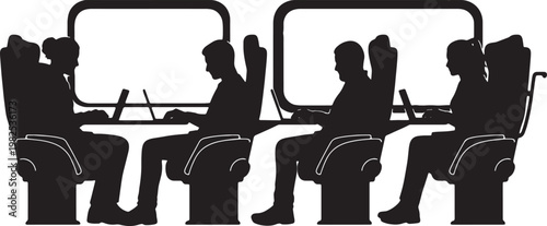 Black Solid Digital Nomad Train Seat Laptop Tray Silhouettes Set of Six on White Background