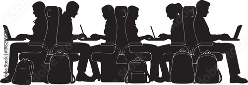 Black Solid Digital Nomad Train Seat Laptop Tray Silhouettes Set of Six on White Background