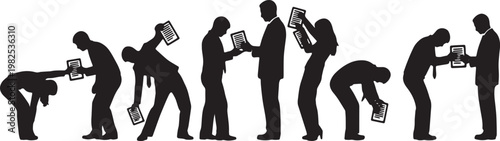 Black Solid Employee Bending Backward Silhouettes Set of Six on White Background