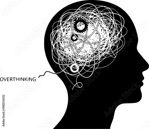 Overthinking and Mental Health Concept - Silhouette of Human Head with Tangled Mess and Gears