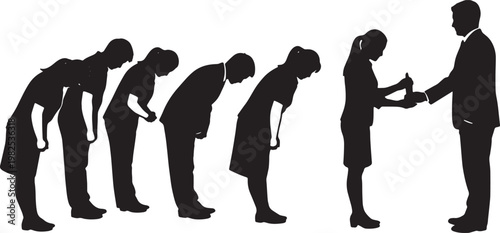 Black Solid Entry Level Employee Bowing Silhouettes Set of Six on White Background