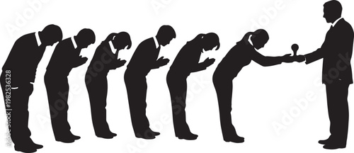Black Solid Entry Level Employee Bowing Silhouettes Set of Six on White Background