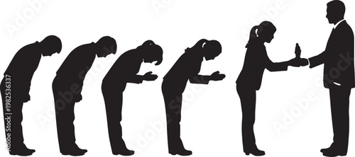 Black Solid Entry Level Employee Bowing Silhouettes Set of Six on White Background