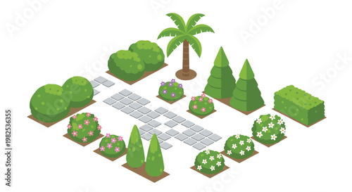 Isometric garden design kit features various shrubs, flowering bushes, a tall palm tree, and stone paving tiles arranged on a clean white background.