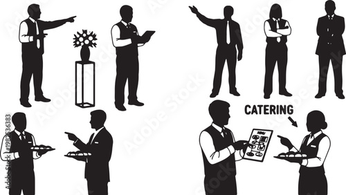 Black Solid Event Planner Organizing Launch Party Silhouettes Set of Six on White Background