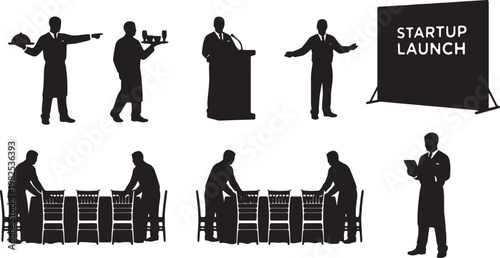 Black Solid Event Planner Organizing Launch Party Silhouettes Set of Six on White Background
