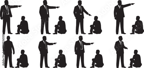 Black Solid Executive Instructing Subordinates Silhouettes Set of Six on White Background