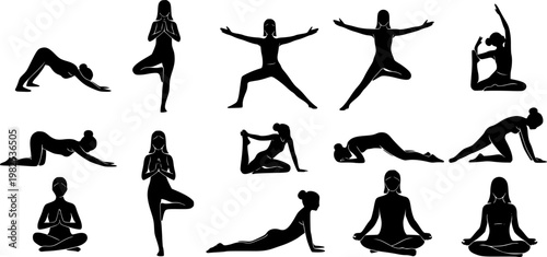 Collection of black silhouettes of people practicing various yoga poses on white background for fitness and wellness concepts