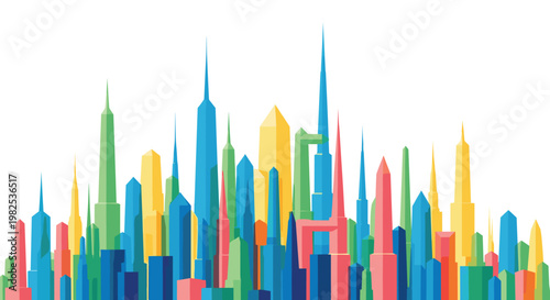 Vibrant geometric cityscape silhouette features an array of colorful modern skyscrapers and architectural structures standing tall against a bright background.