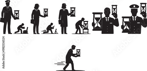 Black Solid Executive Officer Hourglass Silhouettes Set of Six on White Background