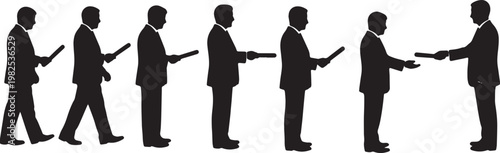 Black Solid Executive Leader Passing Baton Silhouettes Set of Six on White Background
