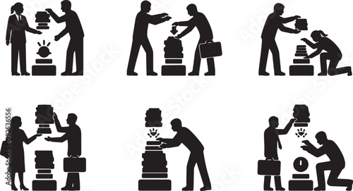 Black Solid Executive Pressing Button Tasks Silhouettes Set of Six on White Background