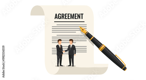 Two professional businessmen shake hands atop a formal legal agreement document featuring a classic fountain pen resting on the textured parchment page.