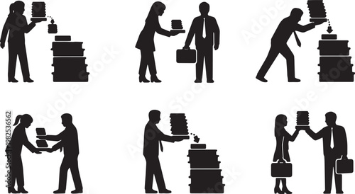 Black Solid Executive Pressing Button Tasks Silhouettes Set of Six on White Background