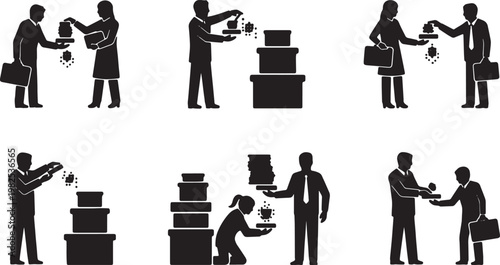 Black Solid Executive Pressing Button Tasks Silhouettes Set of Six on White Background