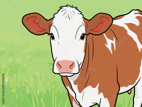 Cartoon Cow on Green Grass Background