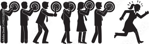 Black Solid Executive Pressing Buzzer Silhouettes Set of Six on White Background