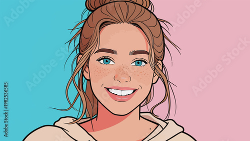 Young Woman with Freckles in Pop Art Style