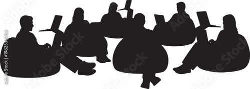 Black Solid Freelance Copywriter Beanbag Laptop Silhouettes Set of Six on White Background