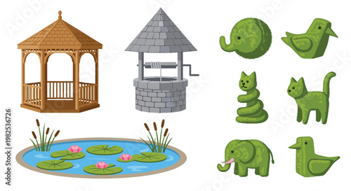 Detailed garden elements including a wooden gazebo, stone well, pond with lilies, and topiary animal sculptures arranged on a muted green background.