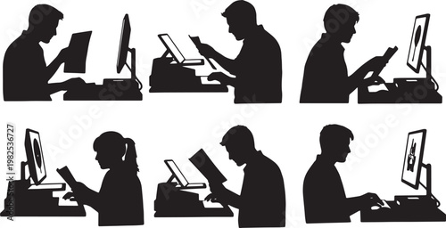 Black Solid Freelance Illustrator Scanning Sketch Computer Silhouettes Set of Six on White Background