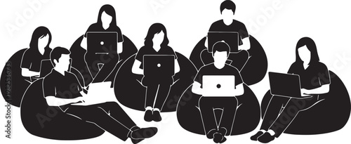 Black Solid Freelance Copywriter Beanbag Laptop Silhouettes Set of Six on White Background