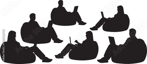Black Solid Freelance Copywriter Beanbag Laptop Silhouettes Set of Six on White Background