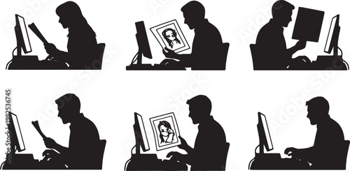 Black Solid Freelance Illustrator Scanning Sketch Computer Silhouettes Set of Six on White Background