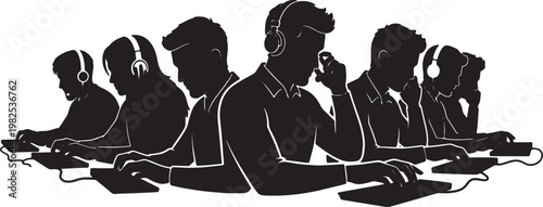 Black Solid Frontend Engineer Headphone Typing Silhouettes Set of Six on White Background