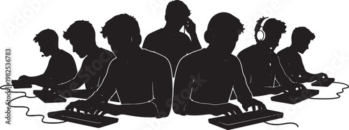 Black Solid Frontend Engineer Headphone Typing Silhouettes Set of Six on White Background