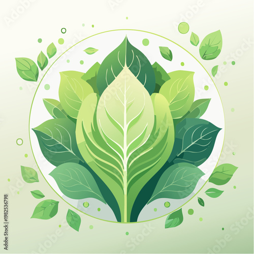 Vibrant arrangement of fresh green foliage in a harmonious circular design, symbolizing organic growth and nature's renewal