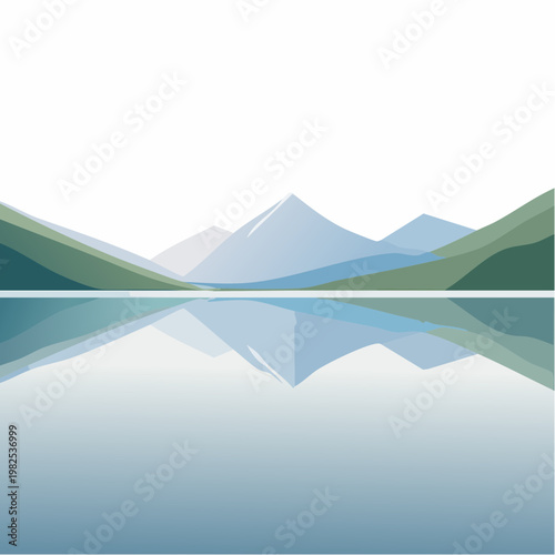 Minimalist landscape illustration featuring majestic mountains softly reflected in a calm, pristine lake