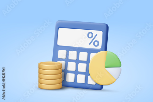 3d vector of calculator with percentage sign on screen pie chart and stack of gold coins for financial management tax calculation investment analysis accounting strategy and business economy