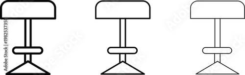 Minimalist bar stool icons in three line weights, modern counter chair vector set, adjustable height barstool symbols for interior design and cafe menus
