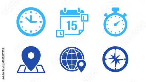 Icons combining maps, clocks, and travel-related elements.