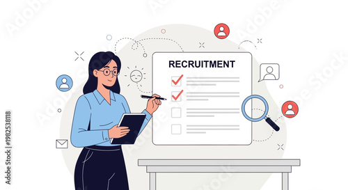 Recruitment process, HR manager checking checklist on clipboard, job search concept