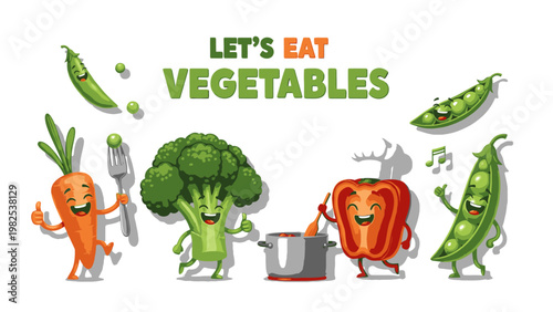 Cartoon vegetables cooking together with utensils and a pot on a white background with a cheerful mood.