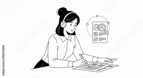 Recruitment process, HR manager reviewing resumes with headphones, candidate search, online job application