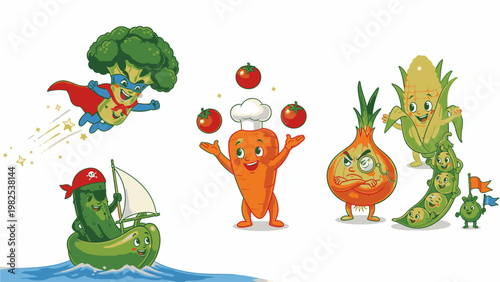 Colorful cartoon vegetables and fruits in various playful poses on a white background with a creative and humorous mood.