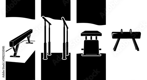 Gymnastics equipment collection including balance beam parallel bars vaulting box and pommel horse presented in a clean