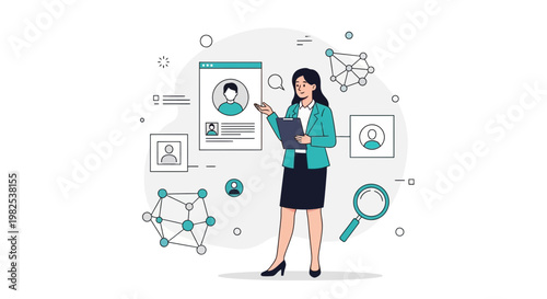 Recruitment professional analyzing candidate profiles and network connections for hiring